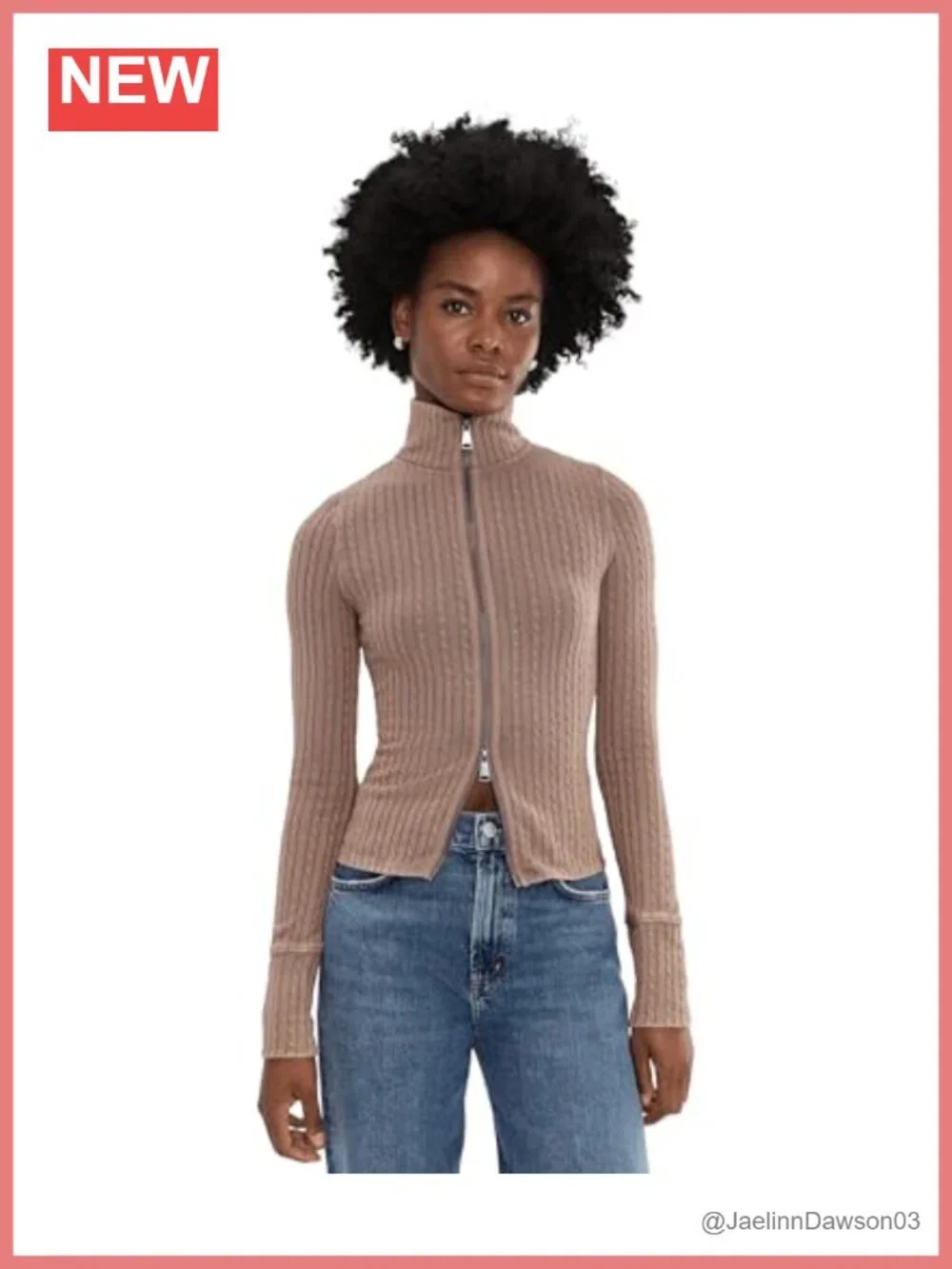 Light Cable Knit Zip-Up Sweater with Two-Way Zipper and Stand Collar
